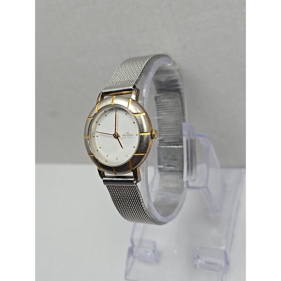 Skagen Denmark 3SGS Women Quartz Mesh Watch Two Tone White Dial New Battery 26mm - Picture 2 of 11